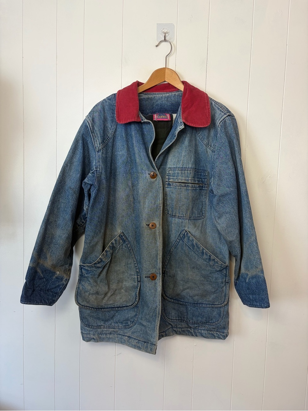 Vintage Denim Jean Chore Jacket Utility Coat Womens Large Blue Plaid fall grunge - Picture 3 of 16